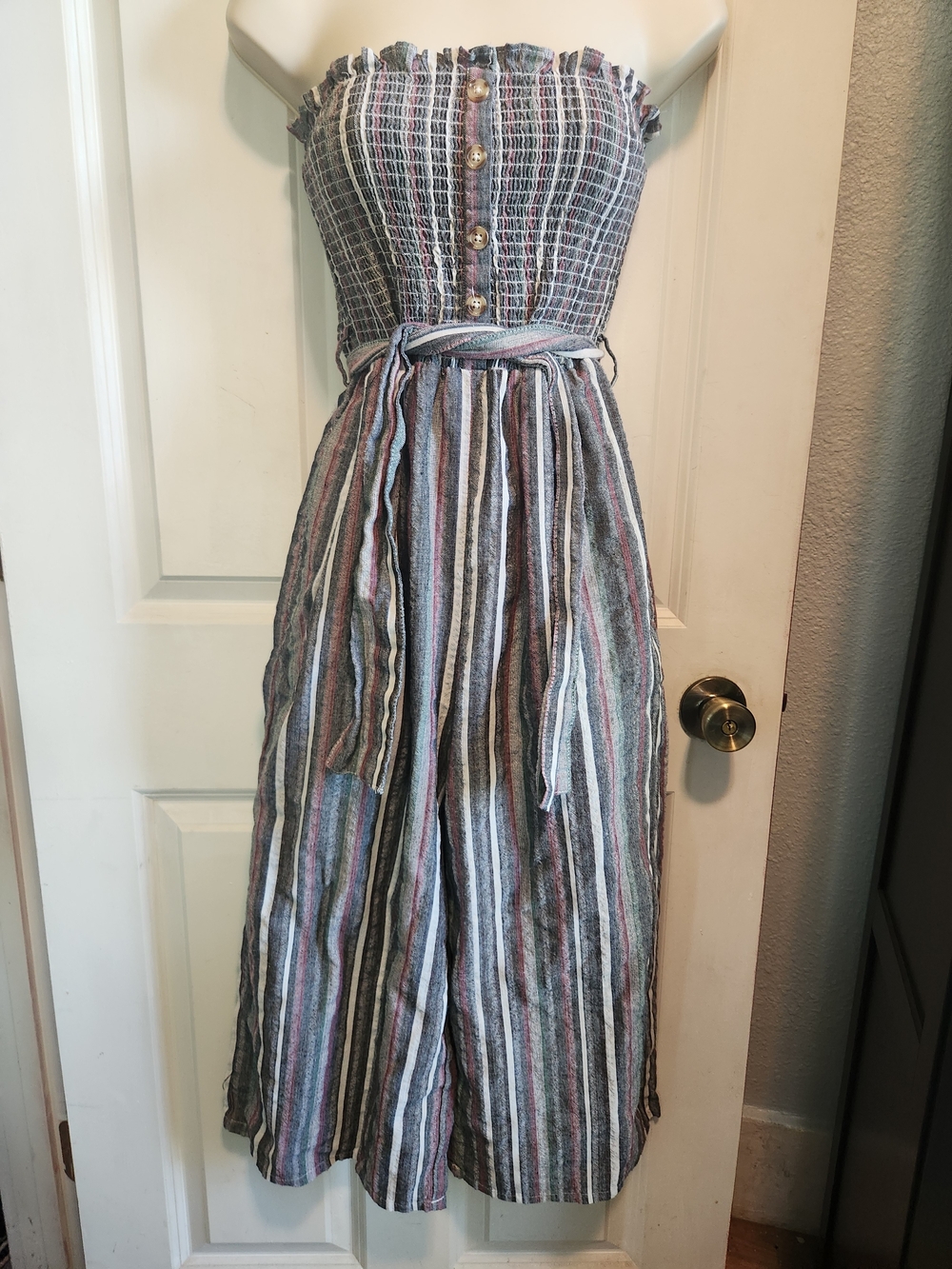 fab'rik Multicolor Striped Strapless Midi Dress with Waist Tie